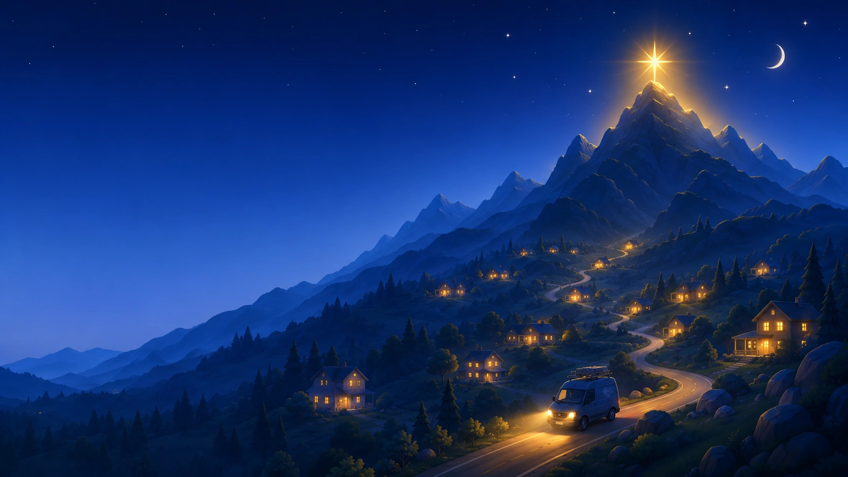 A brilliant golden star shining above the tallest blue mountain peak at night, warm-lit homes and a service van on a winding valley road below